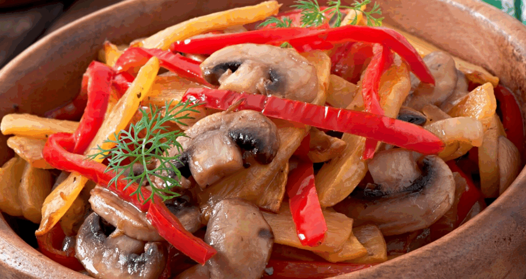 Salteado de heura con pimientos y champiñones
