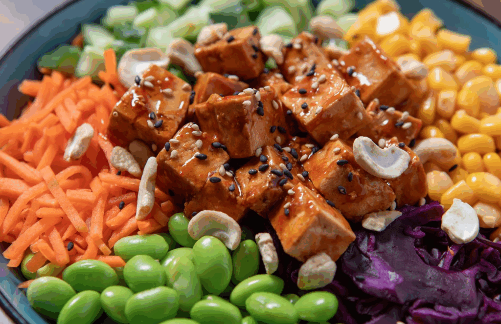 Bowl de tofu y vegetales con semillas, anacardos y quinoa