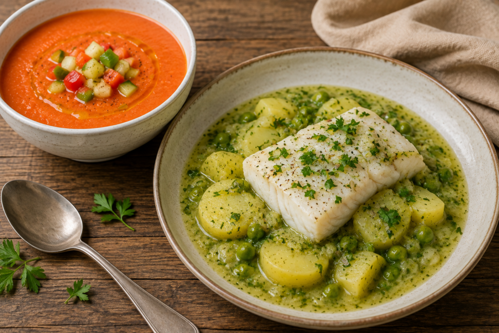 Merluza con patatas y gazpacho
