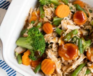 Pollo desmechado con zanahoria, brócoli y judías verdes