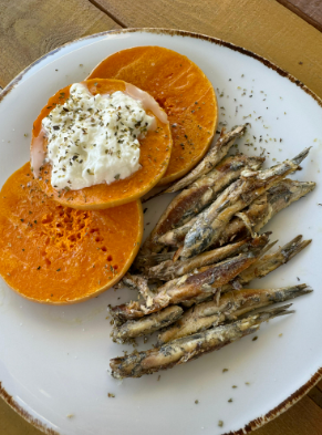 Boquerones a la plancha con calabaza horneada